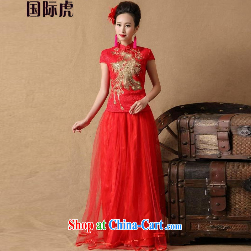 Bridal wedding ceremony cheongsam dress red long bows dress stylish red XXL