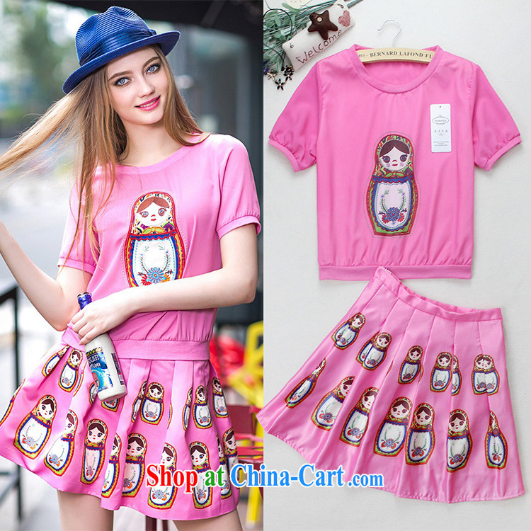 Summer and stylish high-end female new stamp Avatar short-sleeve shirt T skirt Kit 8523 pink M