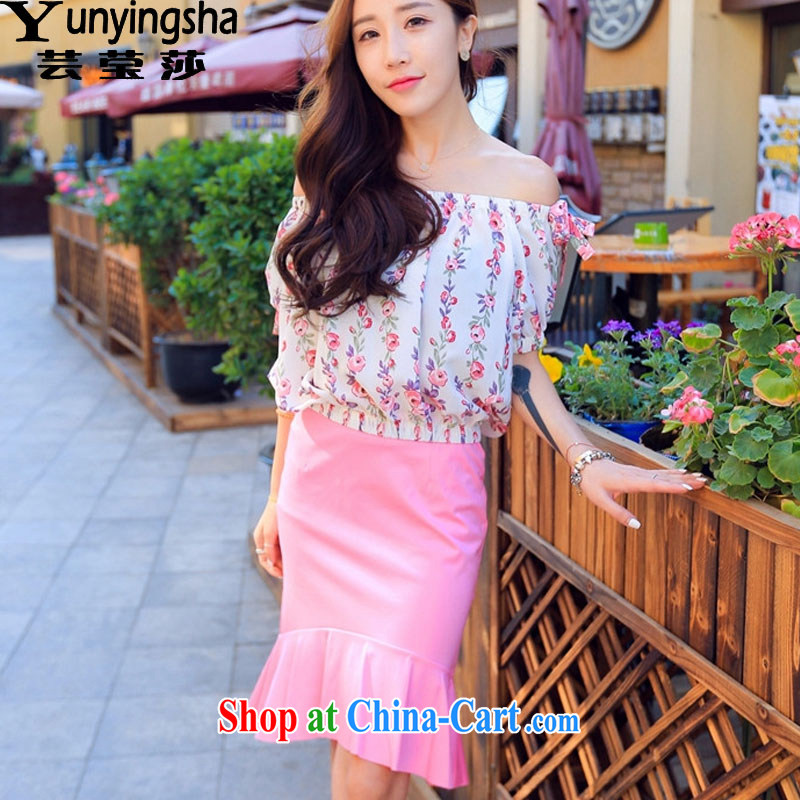 Soon Elizabeth Anna 2015 summer new women with a collar floral T-shirt stylish package and crowsfoot skirts beauty package dress skirt L 9330 photo color L