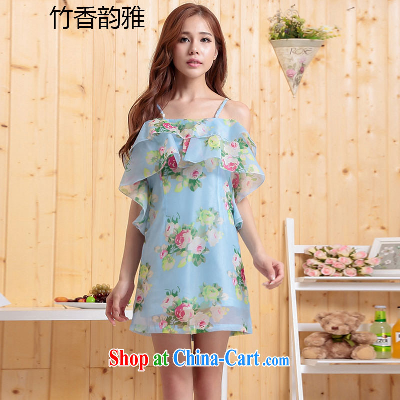 The root yarn bare shoulders a collar straps flouncing floral dress dresses blue L