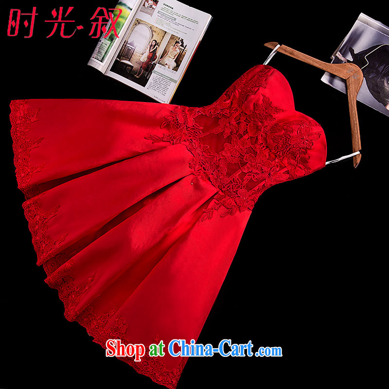 Time his bride 2015 spring and summer new small dress fluoroscopy wiped chest graphics thin lace bows serving red short marriage back to the short skirts thick Satin red XXL