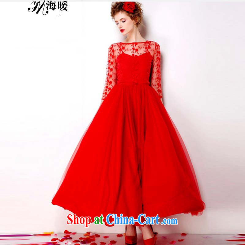 The warm red embroidered dresses 2015 retro lace red petticoat bridal 9M large long skirt dress 7072 red XL
