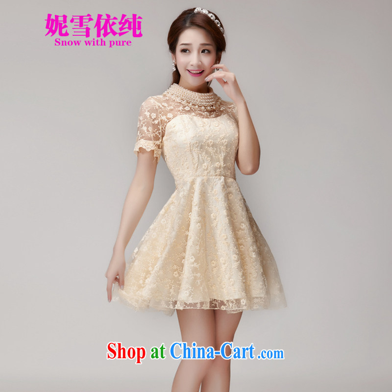 Connie snow in accordance with a 2015 summer and nails Pearl Pearl collar lace embroidery Openwork small fragrant wind shaggy dress dress 990 apricot L
