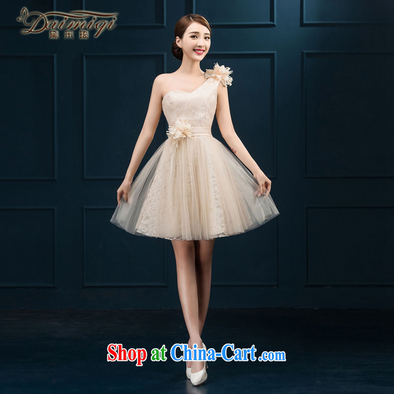 Short Evening Dress 2015 new marriages champagne color bridesmaid dress single shoulder small dress girls white S