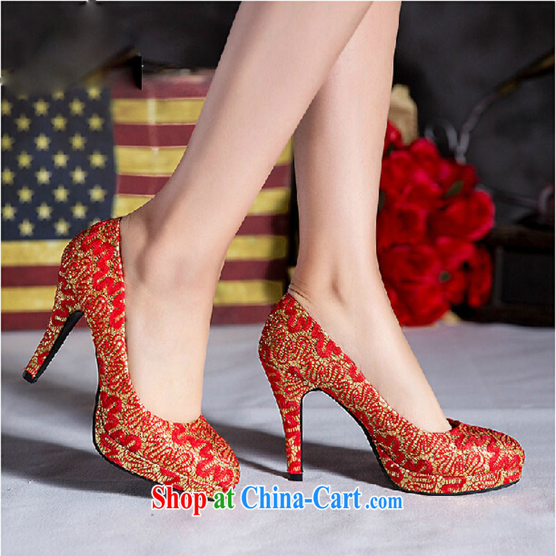 2015 new wedding shoes women shoes high heel shoes sweet flowers waterproof single marriage shoes women shoes wedding shoes red 39, pure bamboo love yarn, and shopping on the Internet