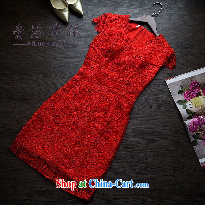 Bridal red wedding toast wedding clothes lace Chinese improved cultivation cheongsam dress summer 2015 New Red XXL