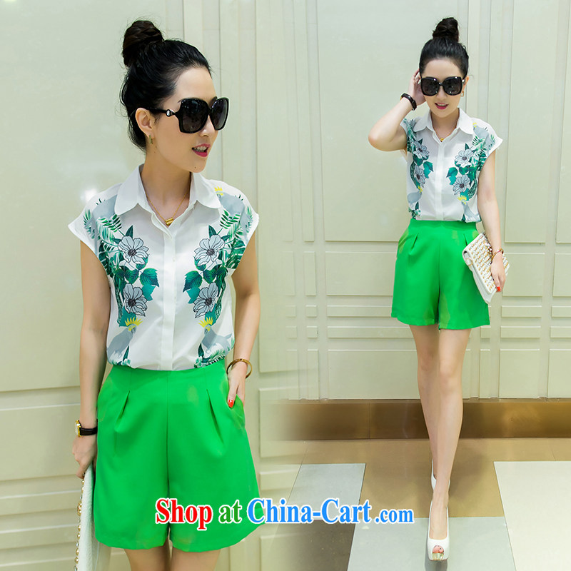 Summer name Yuan female Two-piece with sweet little fresh T-shirt with short sleeves Wide Leg shorts Kit 5309 light green XXL