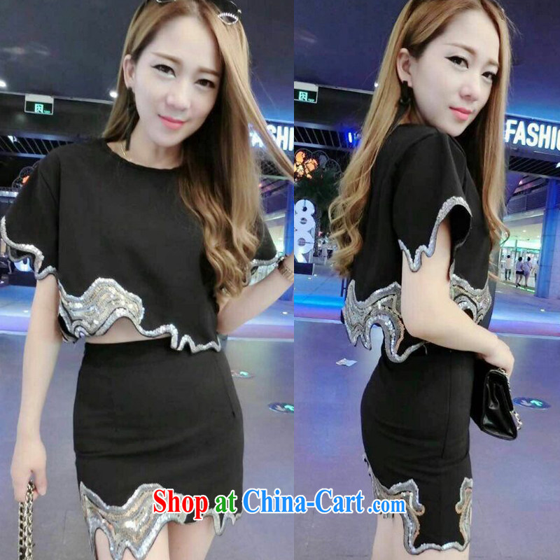 Name Yuan sexy style, wavy embroidery, T-shirt body skirt Two Piece Set with 704 black are code