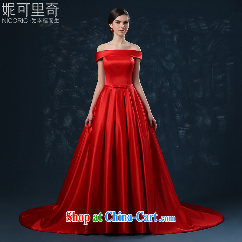 2015 new wedding dress summer bridal toast service tail long red field shoulder banquet dress tied with a red XXL _graphics thin dress_
