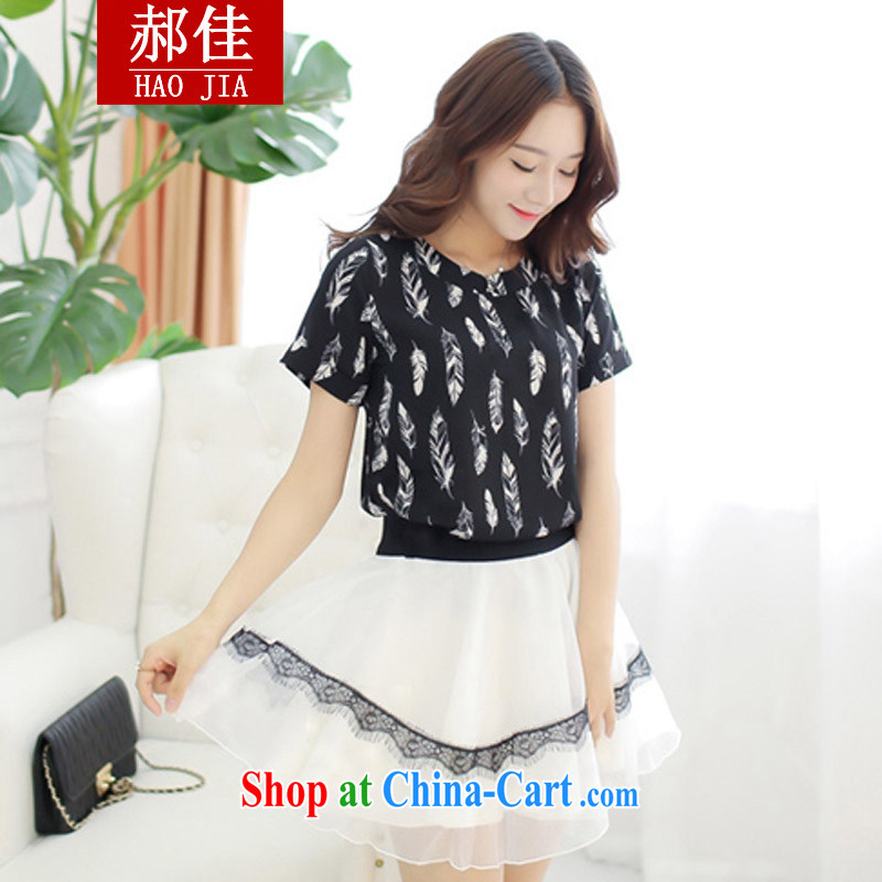 Hao better summer feathers stamp lace lace dress two-piece dress skirt Korean version graphics thin stamp duty dress Kit black XL, Hao, and shopping on the Internet