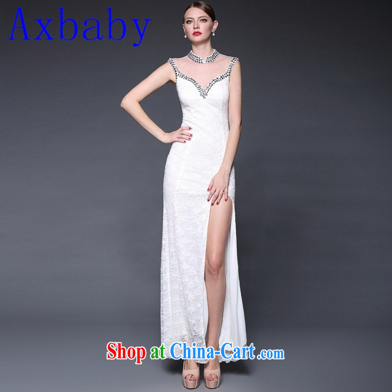 2015 Axbaby new stitching lace manually staple Pearl dresses long, the forklift truck beauty dress dresses W 0143 white are code