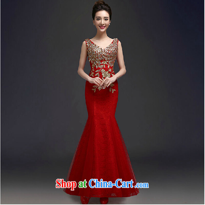 Dress long 2015 new bride toast wedding dress shoulders lace Phoenix sexy back exposed banquet service red XXXL