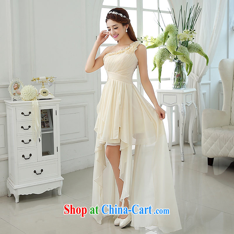 The china yarn 2015 new Summer Snow-woven single shoulder bridal bridesmaid dress beauty graphics thin front short long dress champagne color. size does not accept return and china yarn, shopping on the Internet