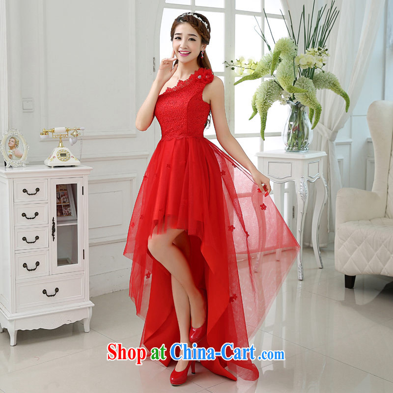 The china yarn 2015 new summer short before long after the shoulder red lace snow woven stitching small dress bride wedding toast clothing Red. size does not accept return, the china yarn, shopping on the Internet