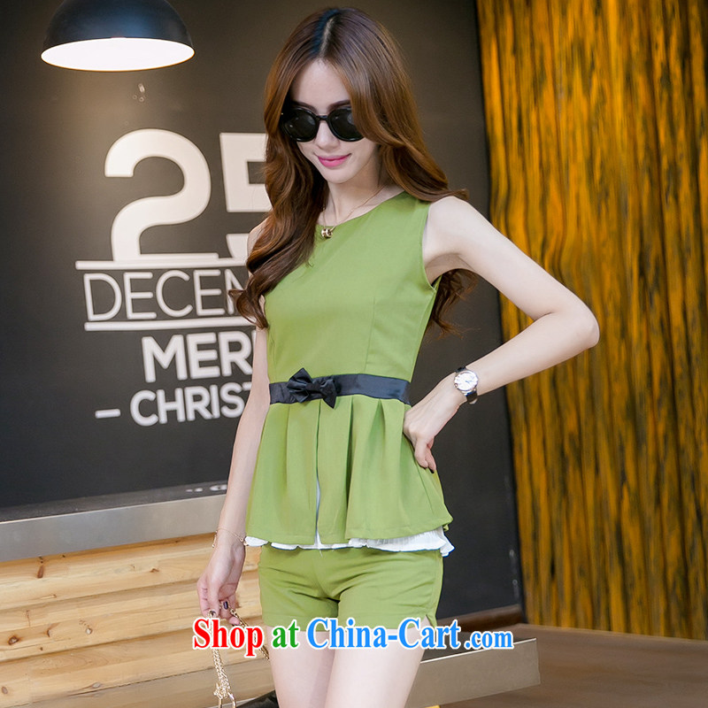Summer new female snow woven skirt with waist Bow Tie T-shirt shorts set two-piece 6096 army green XXL