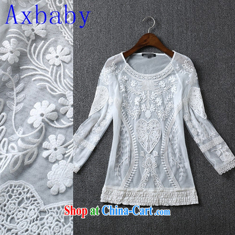 double-decker Axbaby Web yarn and embroidery cultivating long-sleeved T-shirt 2015 spring and summer new dress dress white L