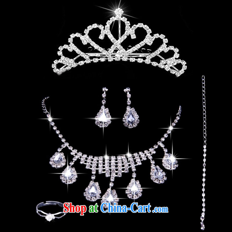 2015 new bridal jewelry Korean-style wedding accessories crown-decorated Wedding water diamond necklace earrings rings bracelets 5 piece set white