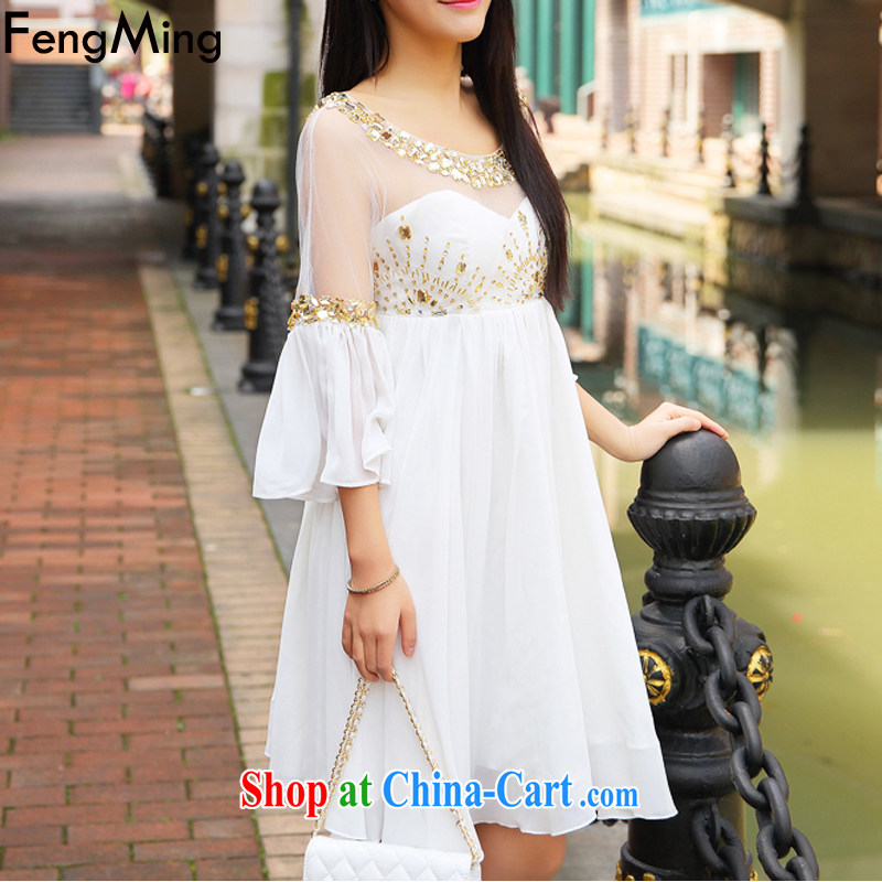 Abundant Ming summer 2015 new luxury to the staple Pearl dress dress gold water drilling flouncing cuff large dresses dress goddess white L, HSBC Ming (FengMing), online shopping