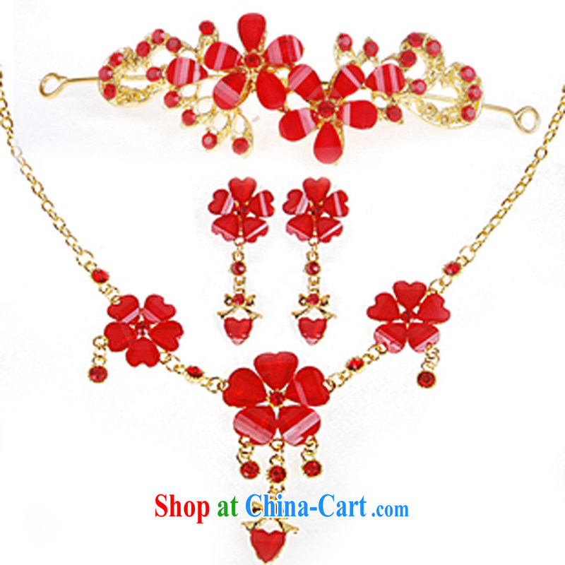 2015 new bridal jewelry Korean-style wedding accessories crown-decorated Wedding water diamond necklace 3-piece set, red bridal jewelry red, pure bamboo love yarn, shopping on the Internet