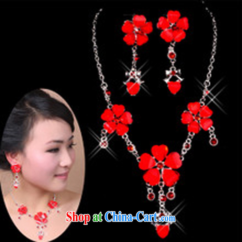 2015 new bridal jewelry Korean-style wedding accessories crown-decorated Wedding water diamond necklace 3-piece set, red bridal jewelry red, pure bamboo love yarn, shopping on the Internet