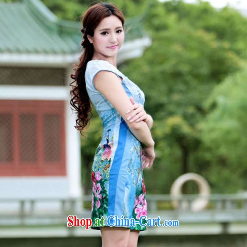 Oh, the 2015 female new Peacock dresses retro dress everyday Chinese improved stylish summer short cheongsam dress blue XL, oh, blogs, shopping on the Internet