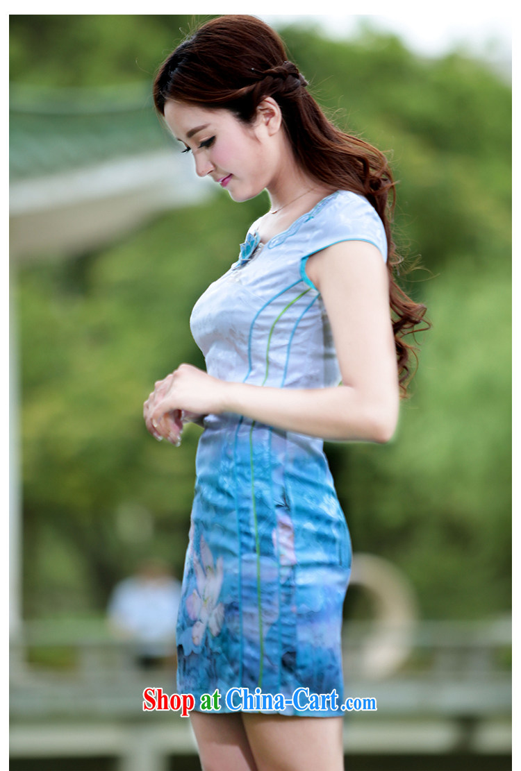Cheuk-yan Zi spent 2015 stamp Lotus cheongsam dress retro-day Chinese improved stylish summer short cheongsam dress blue XL pictures, price, brand platters! Elections are good character, the national distribution, so why buy now enjoy more preferential! Health