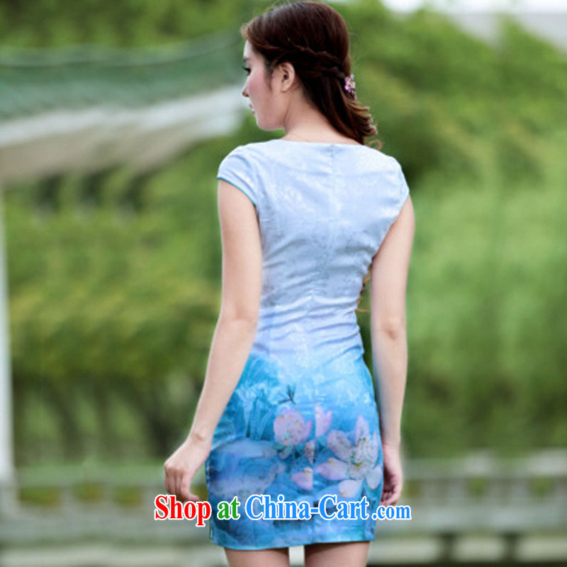 Cheuk-yan Zi spent 2015 stamp duty the lotus cheongsam dress retro-day Chinese improved stylish summer short cheongsam dress blue XL, Cheuk-yan Zi flowers, shopping on the Internet