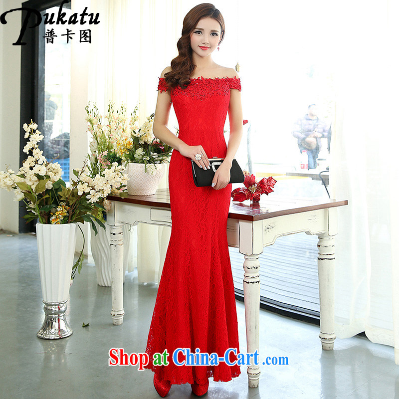 The card 2015 New Beauty video thin-waist lace dress dress in Europe and stylish and elegant terrace shoulder long skirt red XL