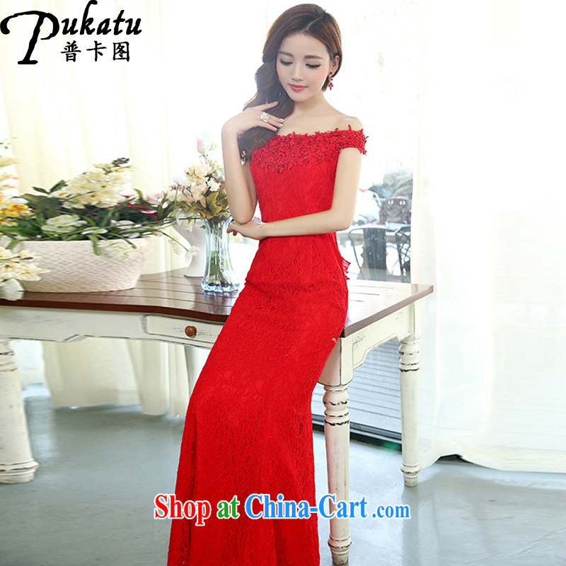 The card the 2015 New Beauty video thin-waist lace dress in Europe and dress stylish and elegant terrace shoulder long skirt red XL, the figure (PUKATU), shopping on the Internet