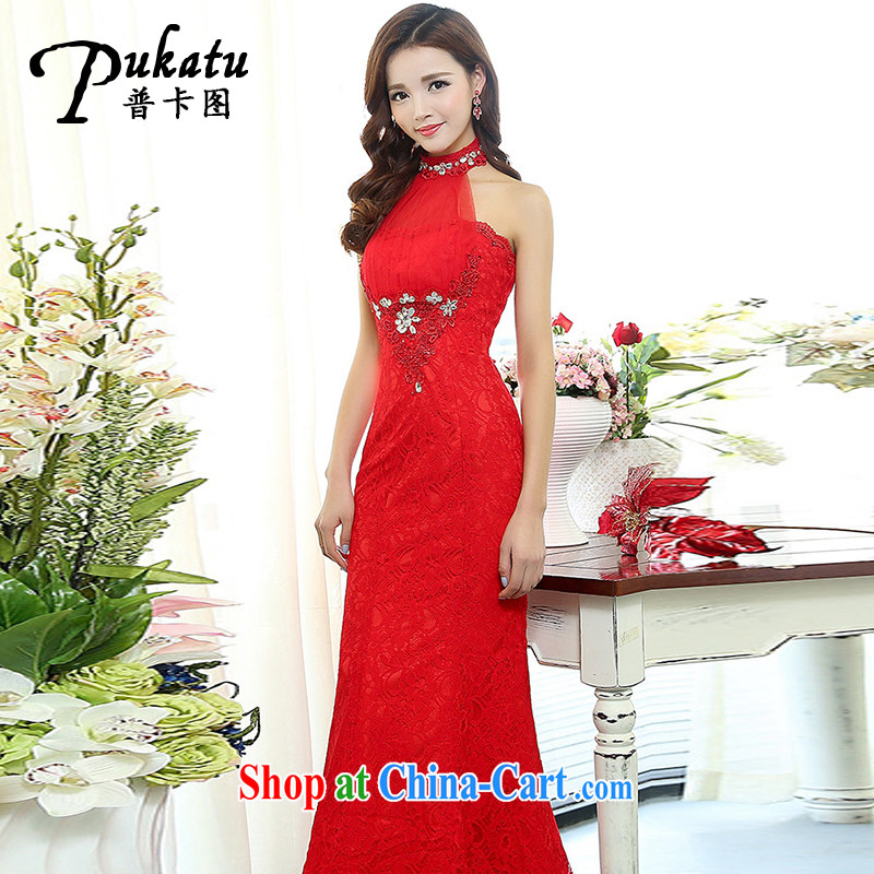 The card the 2015 new Drag and drop to attach also tied with the root yarn wedding dress Korean package and beauty sexy long dress stylish lace bridal toast serving red XL