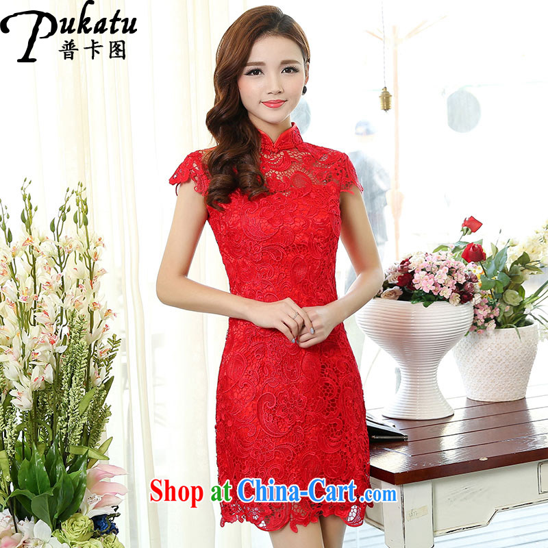 The card 2015 new Openwork lace cheongsam dress, wedding toast serving three-dimensional hook take the code short skirt red 2 XL