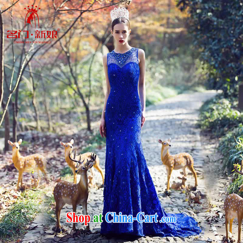 The bride's luxury drill Po blue dress crowsfoot small tail dress lace beauty dinner 2208 blue made 25 day shipping