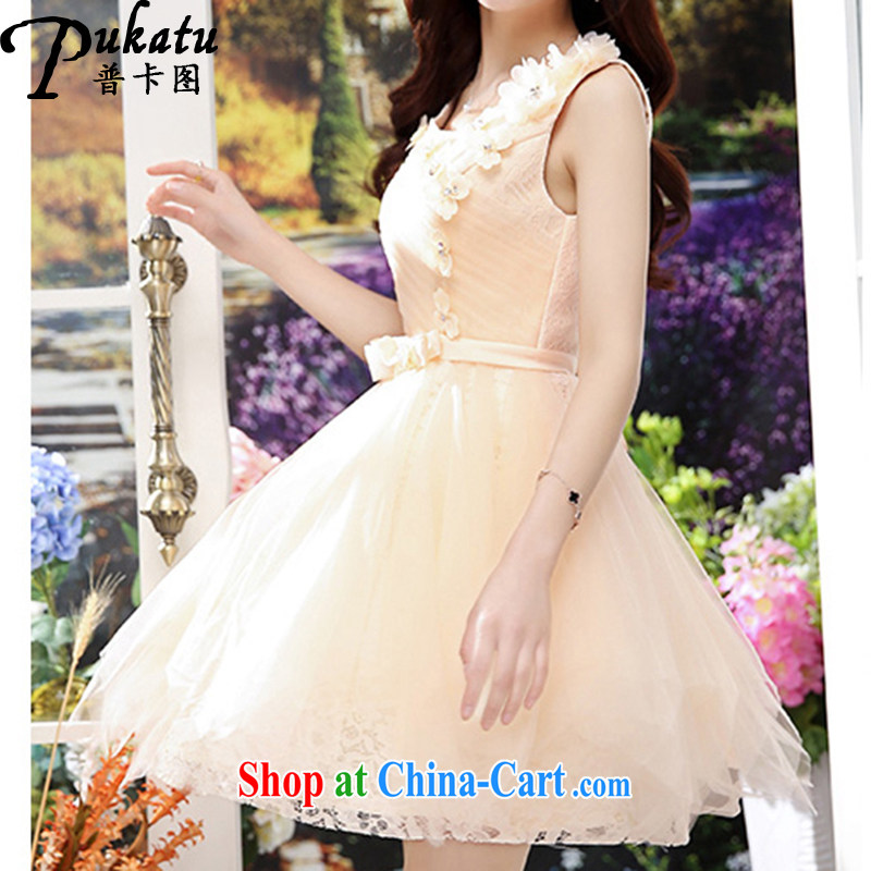 The card the 2015 new dream on-chip 3D flower sleeveless European root dresses ladies stitching yarn. With lace dresses apricot XL, card (PUKATU), online shopping
