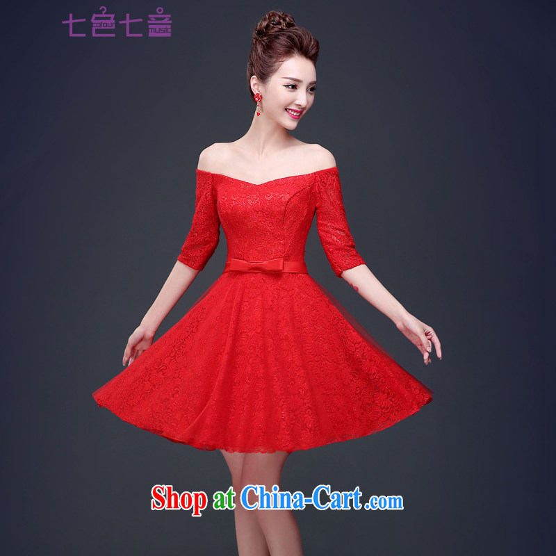 7 color 7 tone 2015 New red one shoulder bridal wedding lace Korean bows service wedding dresses L 043 red M
