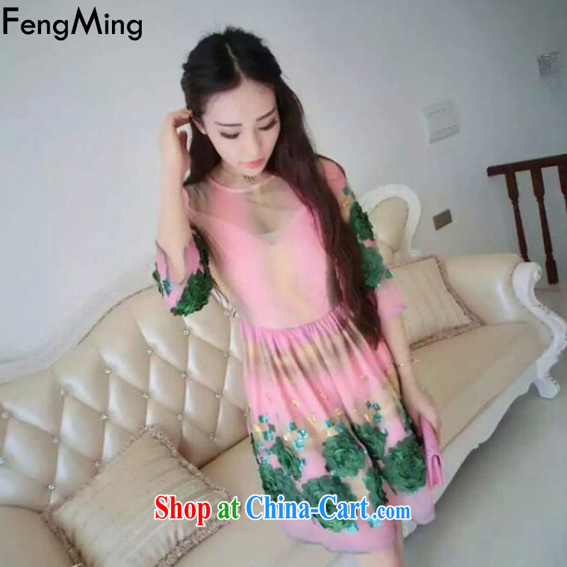 Abundant Ming 2015 summer new sunscreen Princess cuff color heavy industry, three-dimensional flowers dress suit skirt M
