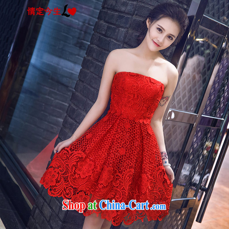 Love Life new 2015 Korean sweet Mary Magdalene chest lace zip short and knee red bridal toast service banquet small dress red XXL