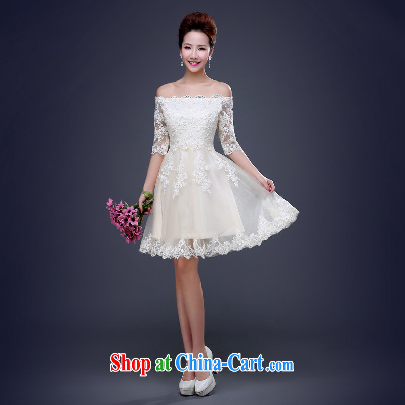 Jie MIA dress short 2015 new summer field shoulder lace wedding dress bridesmaid clothing moderator banquet evening dress girl champagne color XXL