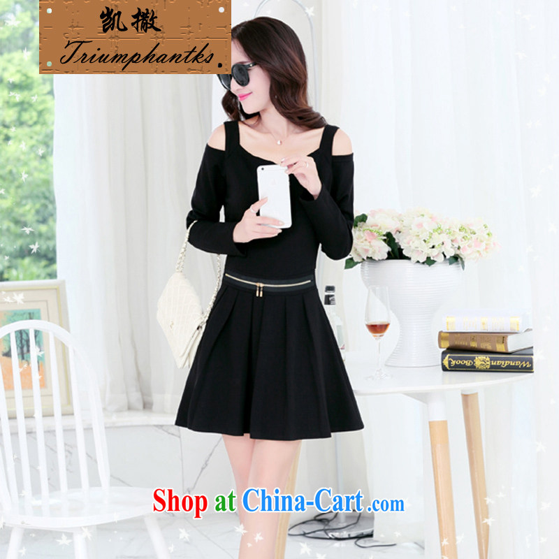 Caesar 940 summer new female fashion sense of lovely terrace shoulder strap with long-sleeved crumpled the waist graphics thin beauty dresses black XXL