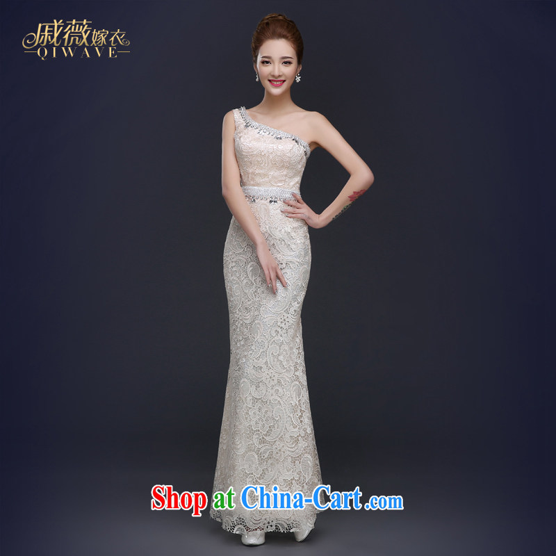 Wei Qi 2015 summer Korean single shoulder dress champagne color lace Evening Dress long cultivating at Merlion dress simple beauty graphics thin dress girls white custom plus _30