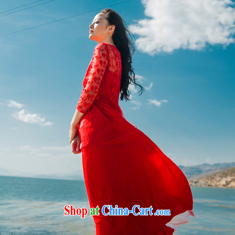 The long-awaited overnight 2015 summer new retro embroidery lace dresses style softness large web yarn seaside resort long skirt red dress skirt white L, left long overnight (zuojiuxi), and, on-line shopping