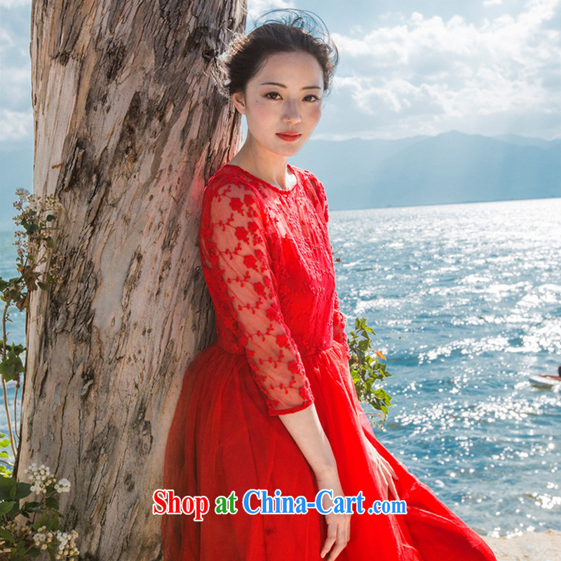 The long-awaited overnight 2015 summer new retro embroidery lace dresses style softness large web yarn seaside resort long skirt red dress skirt white L, left long overnight (zuojiuxi), and, on-line shopping
