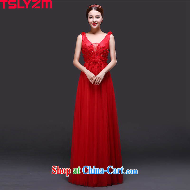 Tslyzm bridal toast dress shoulders V collar long banquet dress red 2015 new water drilling lace moderator female Red XXL