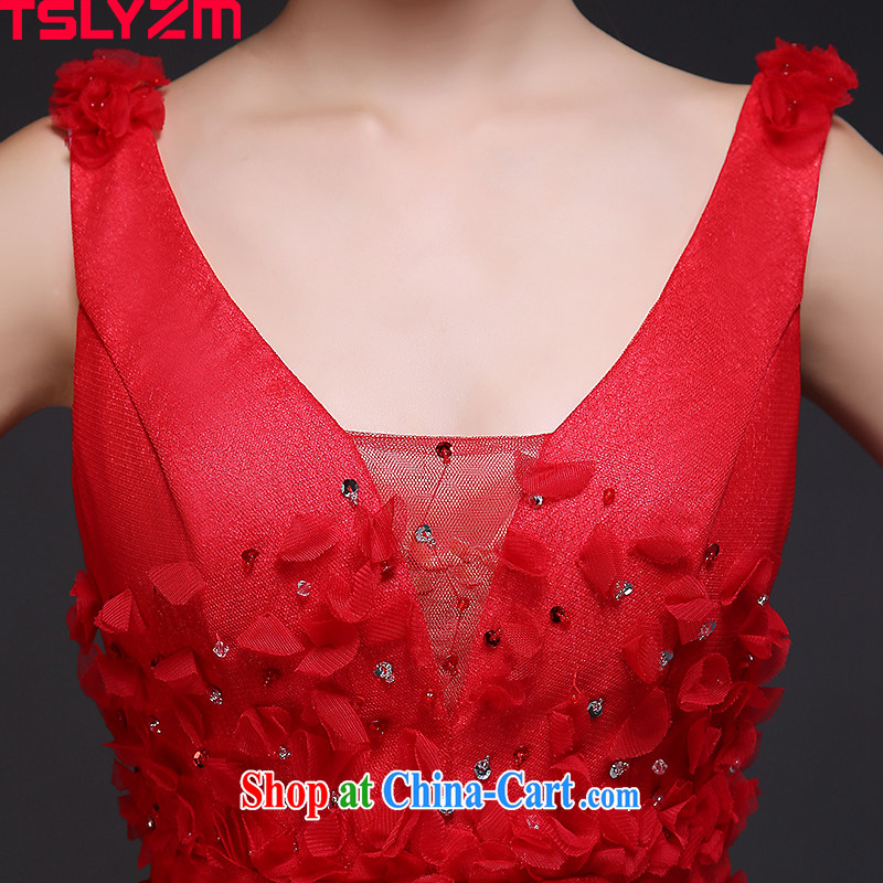 Tslyzm bridal toast dress shoulders V collar long banquet dress red 2015 new water drilling lace moderator female Red XXL, Tslyzm, shopping on the Internet