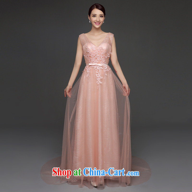 Snow Lotus bows dresses new 2015 style shoulders, lace deep V-neck long performance service beauty banquet dress summer meat pink