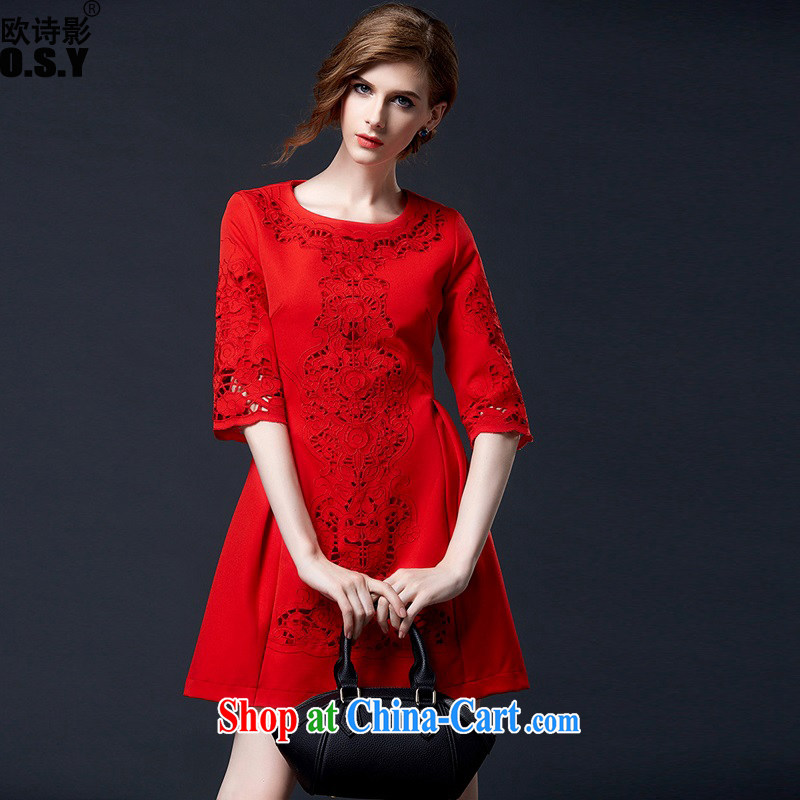 The poetry film fall 2015 with new heavy industry embroidery Openwork check flower cuff dress red bridal wedding dresses toast female Red XL