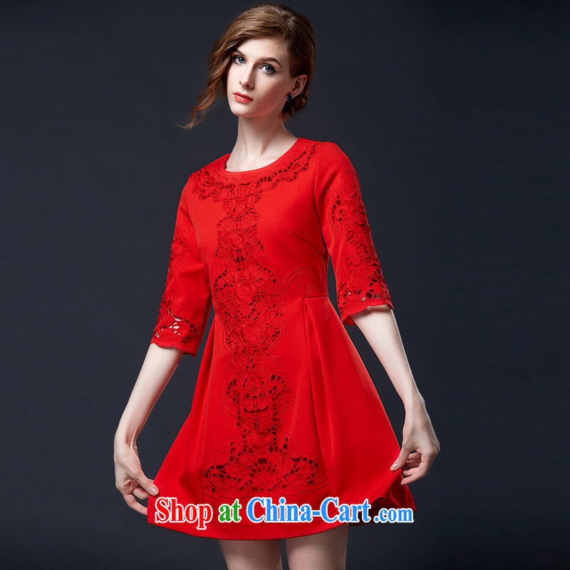 The poetry film fall 2015 with new heavy industry embroidery Openwork check flower cuff dress red bridal wedding dresses toast female Red XL, European poetry (oushiying), online shopping