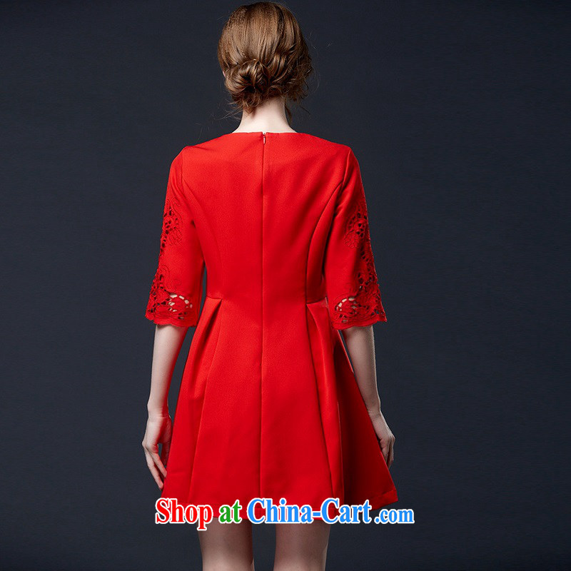 The poetry film fall 2015 with new heavy industry embroidery Openwork check flower cuff dress red bridal wedding dresses toast female Red XL, European poetry (oushiying), online shopping