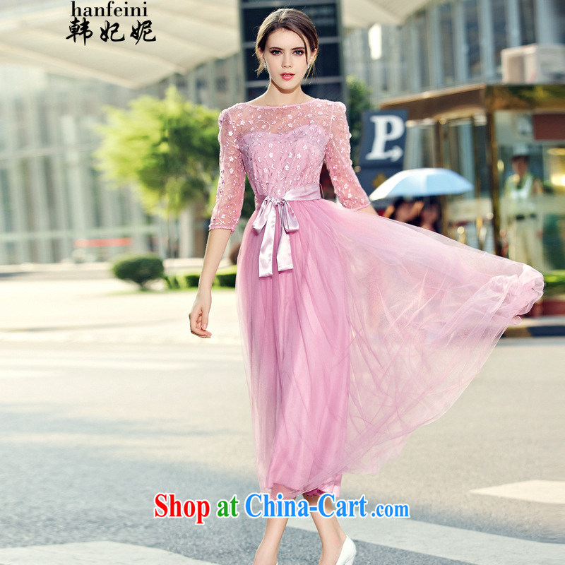 Korean Princess Anne summer new lady in snow cuff woven Web yarn embroidery, long skirt large dresses generation 263651280 pink M, Korean Princess Anne (hanfeini), online shopping
