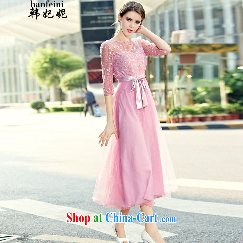 Korean Princess Anne summer new lady in snow cuff woven Web yarn embroidery, long skirt large dresses generation 263651280 pink M, Korean Princess Anne (hanfeini), online shopping