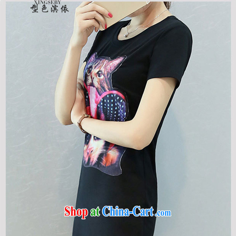 Type color bin in accordance with the summer kitten stamp stitching Web yarn fluoroscopy is stylish and short-sleeved dresses and 335 A 937,535 black L, Goshiki (XINGSEBY), on-line shopping